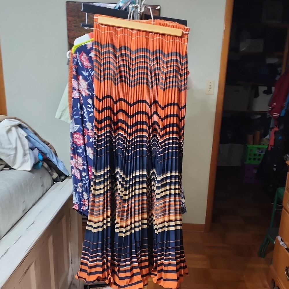 Orange and Blue Pleated A-Line Maxi Skirt